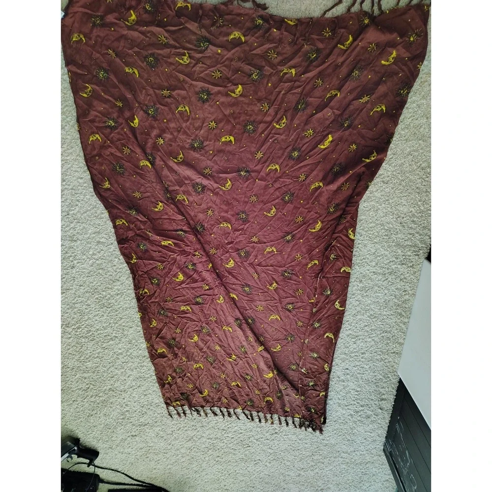 Vtg Handmade Rayon Celestial Sun Moon Stars Tapestry Boho Fringe Wall Hanging...